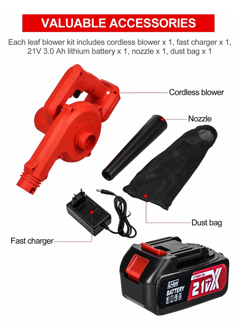 2-in-1 Cordless Leaf Blower and Vacuum Powerful 21V Battery, 18,000 RPM Motor, High-Speed Airflow, Lightweight and Portable, Adjustable Wind Speed, Mini Rechargeable Handheld Electric Blowing Machine Wet Dryer Power Tool for Leaves, Dust, Car Debris, Yard, Patio, Garage, Courtyard Snow Cleaner, Home Office Computer Cleaning