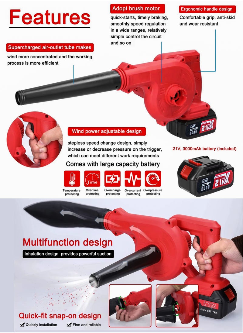2-in-1 Cordless Leaf Blower and Vacuum Powerful 21V Battery, 18,000 RPM Motor, High-Speed Airflow, Lightweight and Portable, Adjustable Wind Speed, Mini Rechargeable Handheld Electric Blowing Machine Wet Dryer Power Tool for Leaves, Dust, Car Debris, Yard, Patio, Garage, Courtyard Snow Cleaner, Home Office Computer Cleaning