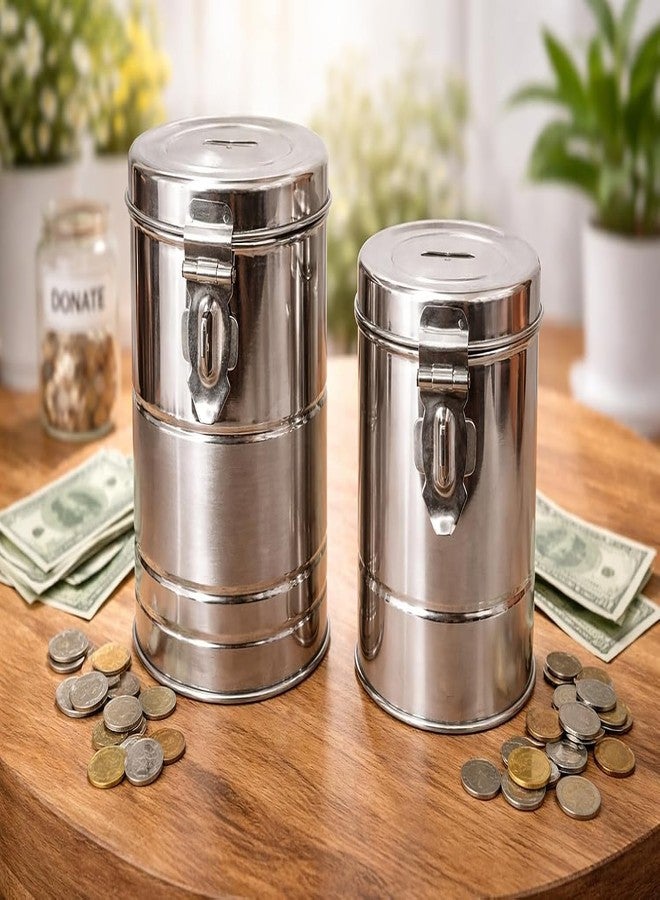 EvoFlex Coin Box/Piggy Bank/Gullak/Donation/Suggestion Box/Antique Coin Bank Box Money Organiser/Coin Money Bank Stainless Steel Body, Silver Finish, Set of 2, Ideal for Kids, Office, Donations and Gifts - Image 3