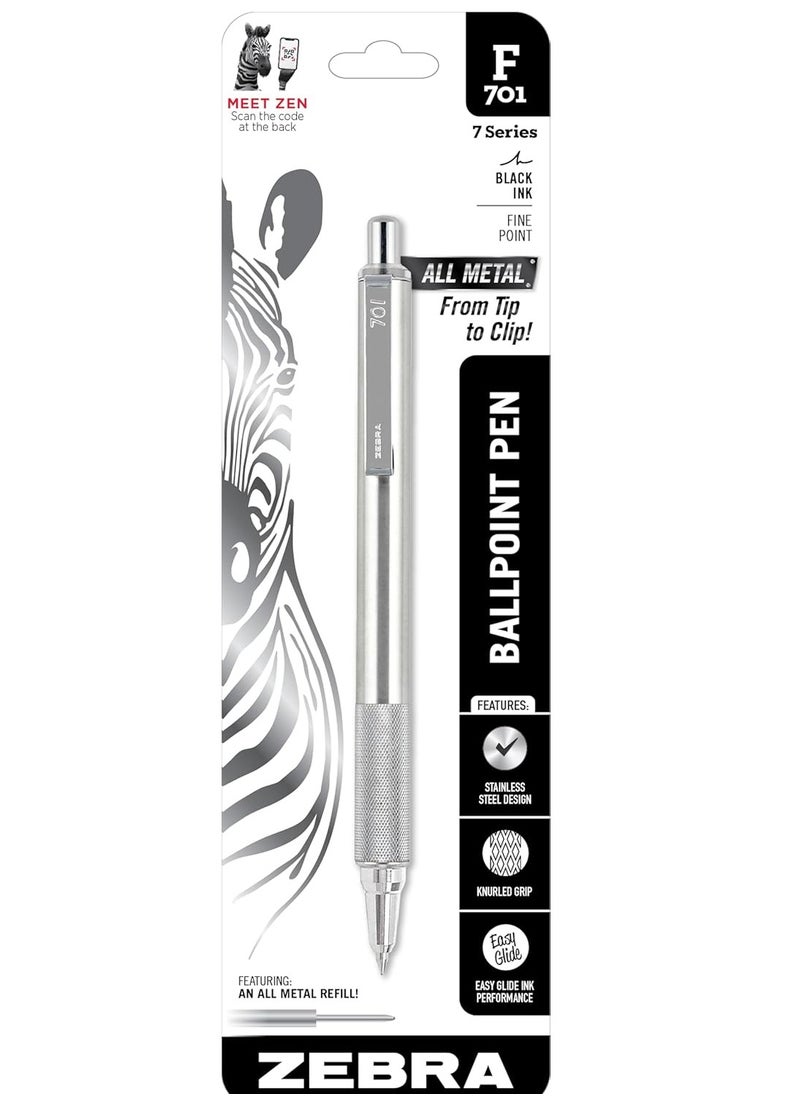 ZEBRA 1 Piece F-701 All Metal Retractable Ballpoint 0.7 mm Black Ink  - Image 1