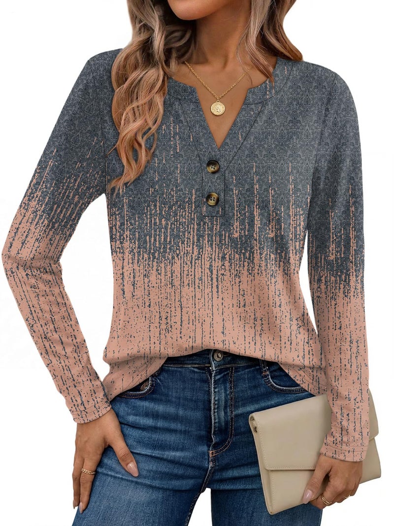 Dealmore Women's Boho Henley Shirts - Soft Stretch Long Sleeve Blouses, Casual Printed V-Neck Tunic Tops Coral L - Image 1