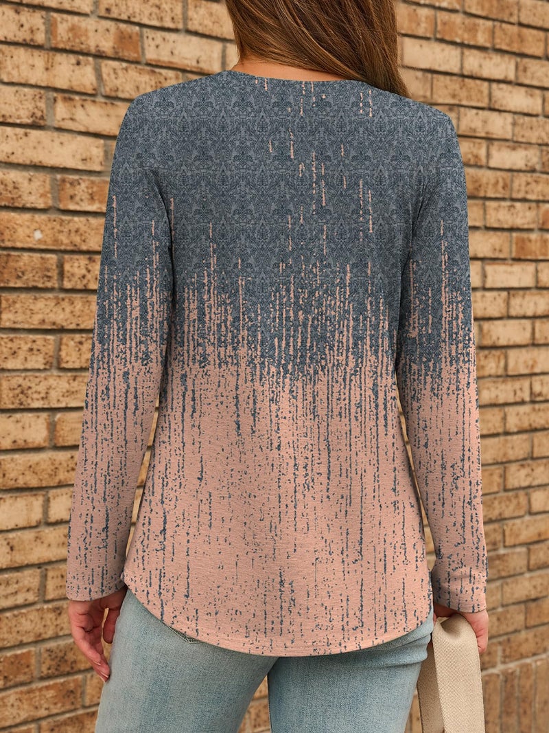 Dealmore Women's Boho Henley Shirts - Soft Stretch Long Sleeve Blouses, Casual Printed V-Neck Tunic Tops Coral L - Image 4