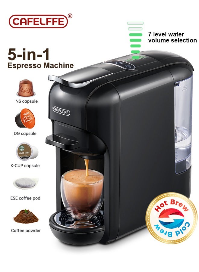 Cafelffe - New 5 In 1 Automatic Capsule Coffee Machine Hot Cold Espresso Coffee Maker With 7 Levels LED Bar Indicator For Small Capsule, Large Capsule, Americano Capsule, ESE Pod And Coffee Powder 0.6L Black - Image 1