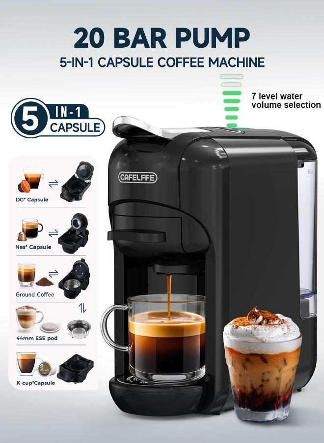 Cafelffe ماكينة صنع قهوة اسبريسو أوتوماتيكية جديدة 5 في 1 ماكينة صنع قهوة اسبريسو ساخنة وباردة مع مؤشر شريط LED 7 مستويات لكبسولة نسبرسو كبسولة دولتشي غوستو كبسولة Kcup كبسولة ESE ومسحوق 0.6 لتر أسود - Image 1