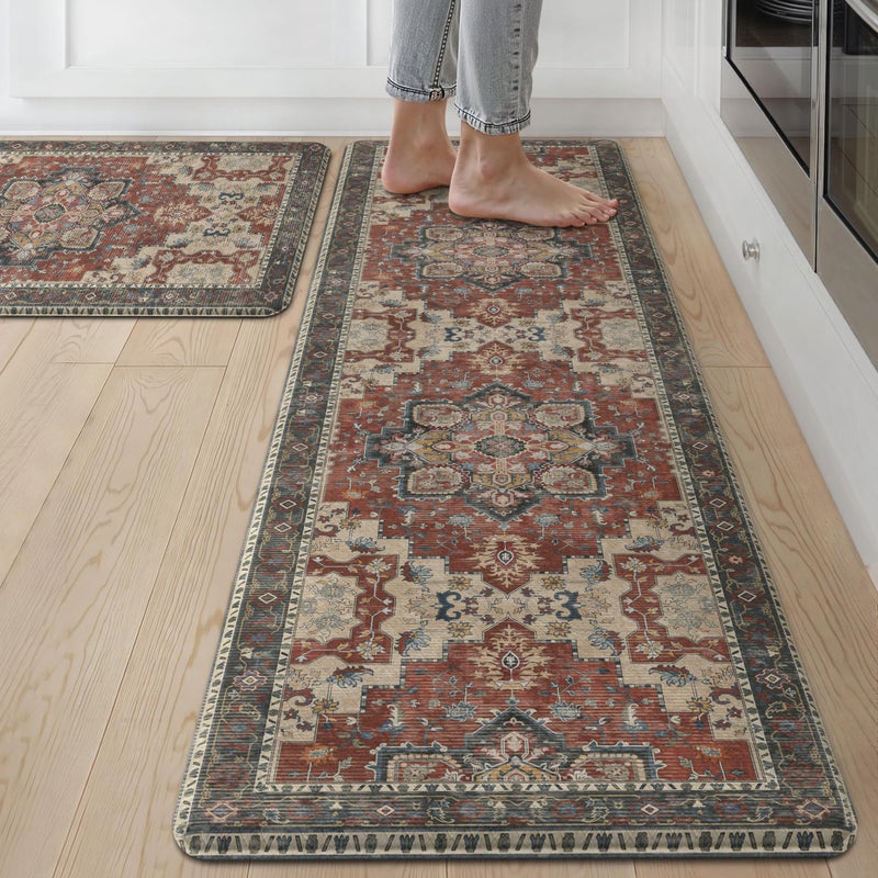 GENIMO Kitchen Mats for Floor 2PCs, Washable Anti Fatigue Mat for Cushioned, 17.3"x59"+17.3"x30", Waterproof Kitchen Rugs, Non Slip Comfort Standing Mat Rug for Home, Sink, Laundry, Bordeaux - Image 1