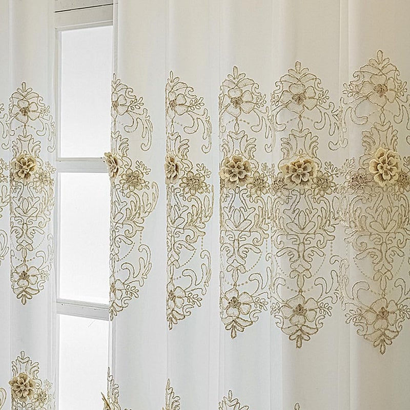 Amidoudou 1 Pair European Style Curtains Double Layer with Valances for Living Room Luxury 3D Flower Embroidered Semi-Blackout Curtains for Bedroom (White,51x90 Inch) - Image 5