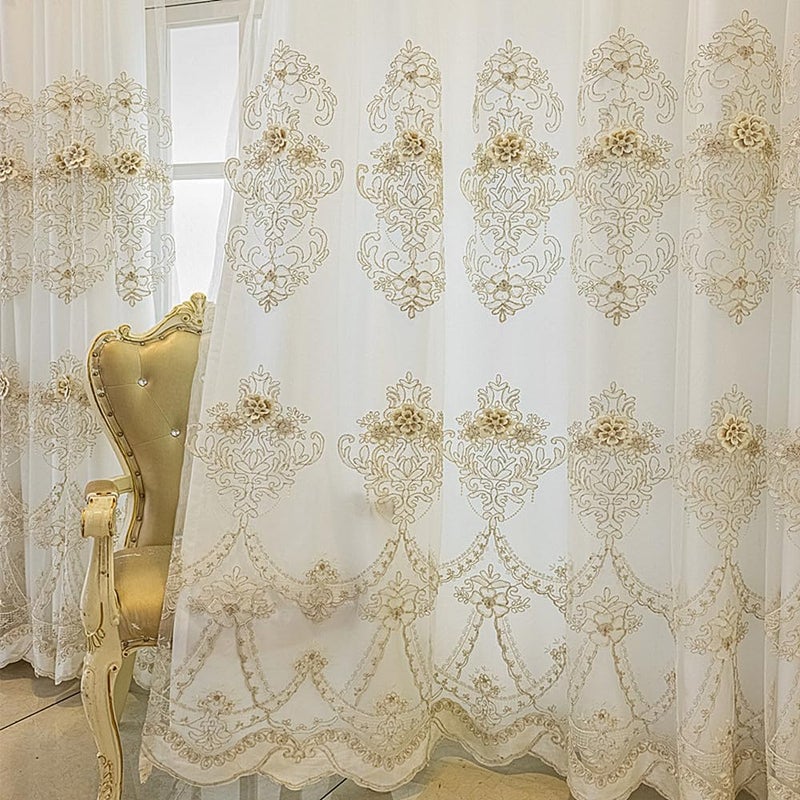 Amidoudou 1 Pair European Style Curtains Double Layer with Valances for Living Room Luxury 3D Flower Embroidered Semi-Blackout Curtains for Bedroom (White,51x90 Inch) - Image 3