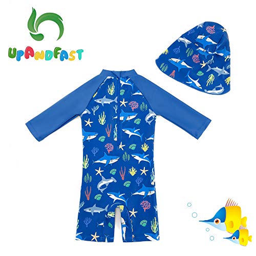 upandfast Baby/Toddler Boy Swimsuit One Piece Zip Swimwear Sunsuits with Sun Hat UPF 50+ Sun Protection Infant Boy Swimsuit (Blue Shark(LS), 3-6 Months) - Image 2