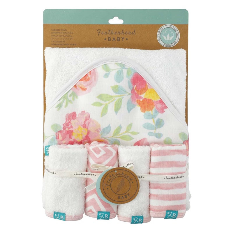 Featherhead 5Piece 100 Cotton Muslin Hooded Bath Towel  Washcloths Set for Baby Girl  Ultra Soft and Extra Absorbent  Newborn Essential  Perfect Baby Registry Gift Garden Floral - Image 3