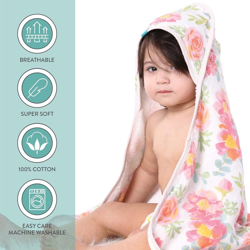 Featherhead 5Piece 100 Cotton Muslin Hooded Bath Towel  Washcloths Set for Baby Girl  Ultra Soft and Extra Absorbent  Newborn Essential  Perfect Baby Registry Gift Garden Floral - Image 5