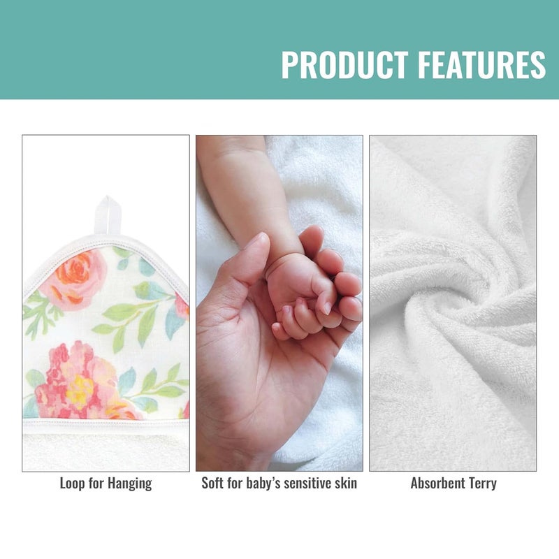 Featherhead 5Piece 100 Cotton Muslin Hooded Bath Towel  Washcloths Set for Baby Girl  Ultra Soft and Extra Absorbent  Newborn Essential  Perfect Baby Registry Gift Garden Floral - Image 4