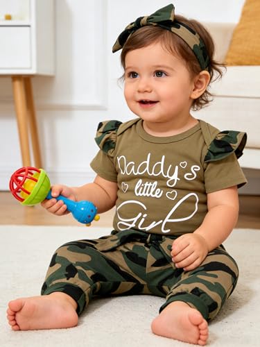 AMAWMW Baby Girl Clothes Set Daddys Little Girl Ruffle Romper Top Camouflage Pants Newborn Girl Outfit Green 03 Months - Image 3