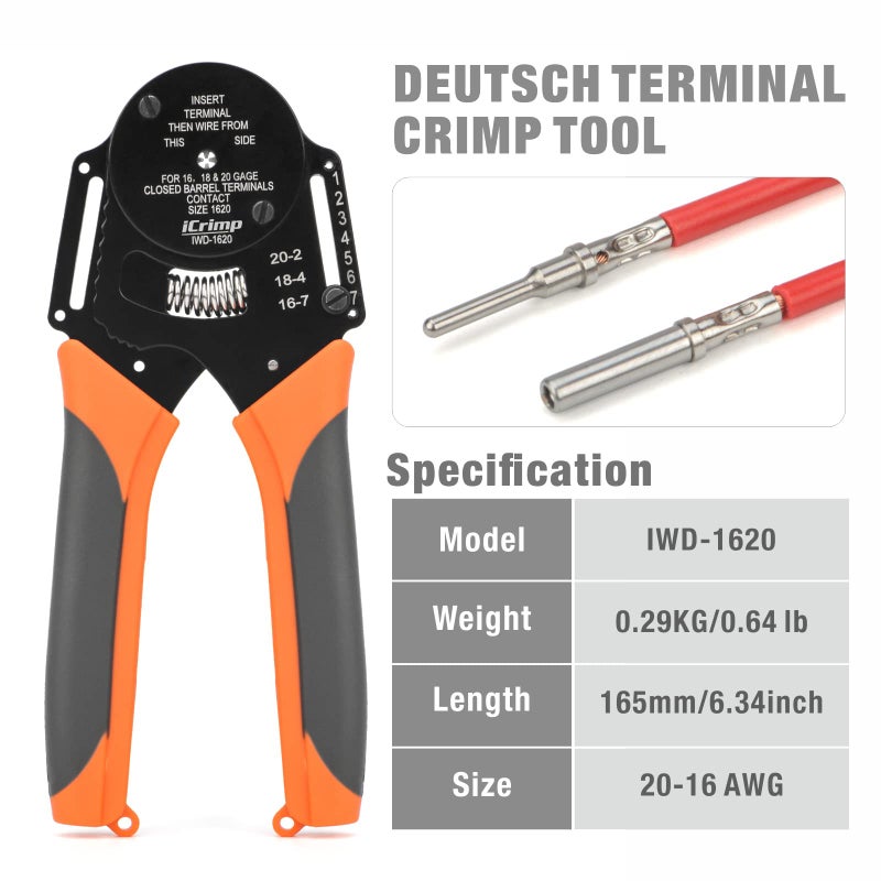 IWISS iCrimp IWD-1620 Deutsch Crimp Tool, Size 16 Deutsch Crimper, Solid Barrel Contact & Circular Connector Contacts Crimping Tool, 8 Indents Wire Crimper, AWG16 to AWG20 - Image 2