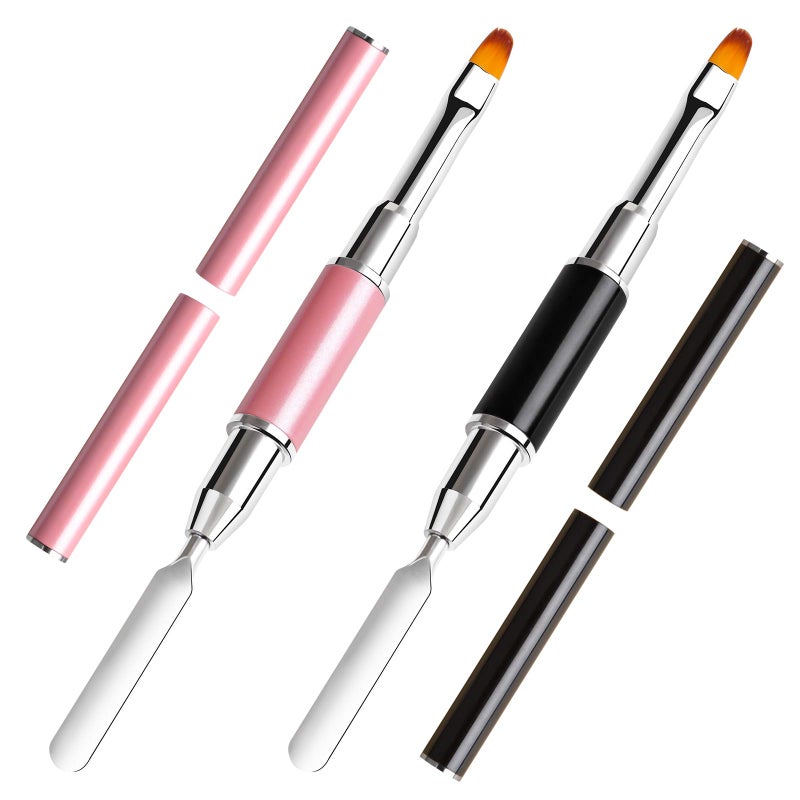 TOROKOM 2Pcs Poly gel Brush DualEnded Poly gel Brush and Spatula Picker Stainless Steel Poly gel Brush Pen for Nails Extension Application ToolPink Black