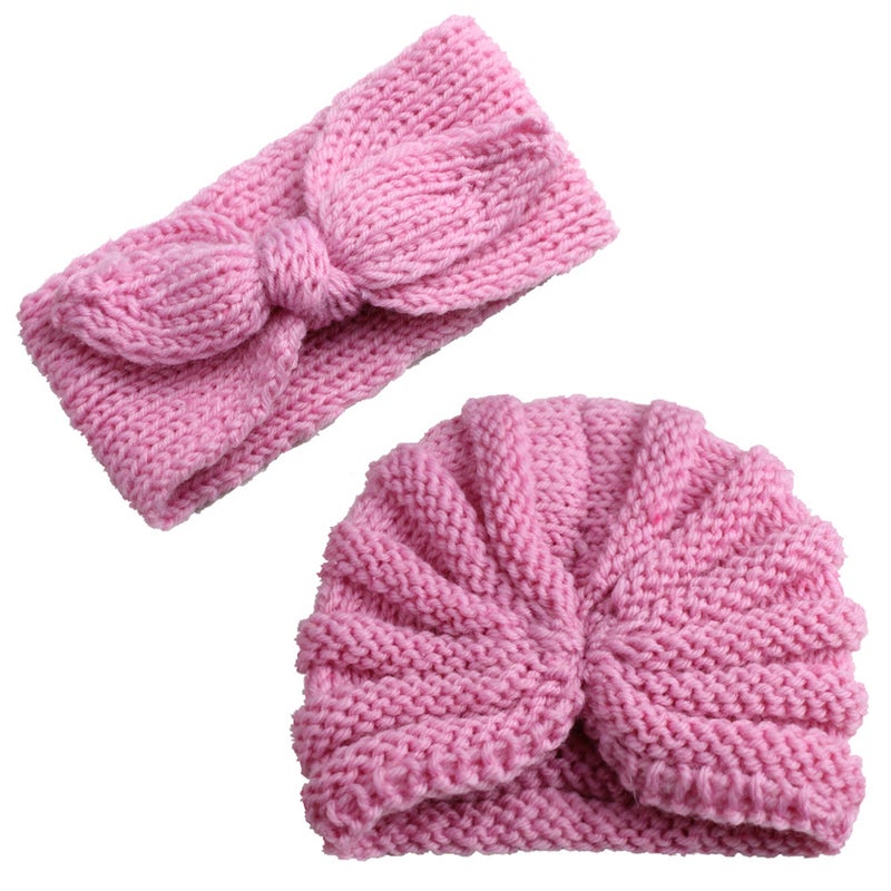 New Wool Set Baby Two-Piece Wool Childrens Warm Hat Baby Rabbit Ears Hair Band Knitted Hat #2 Pink