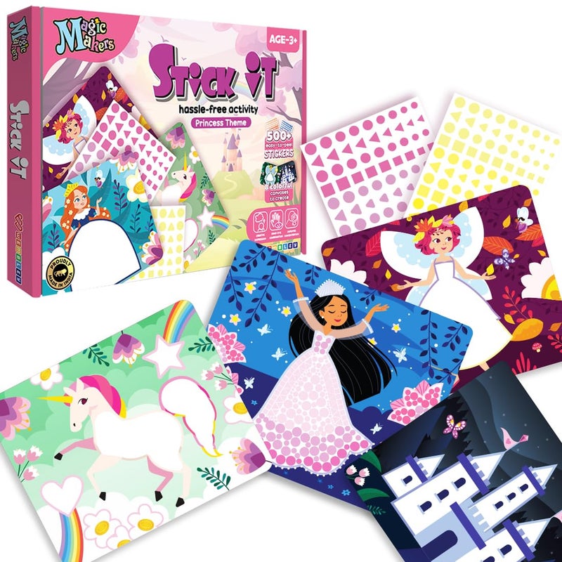 Wembley Art Kit Sticker Book DIY Kit For Kids 500+ Stickers 8 Double-Sided Canvas Sheets Fun Creative Craft Items Activity Set Helps Hand-Eye Coordination Birthday Gift For Kids - Princess,Multi - Image 1