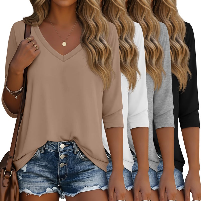 Ficerd 4 Pack Women's 3/4 Sleeve T Shirts, V Neck Casual Tunic Tops Loose Fit Cotton Basic Shirts Solid Color Fashion Tees(Black, White, Light Mixed Gray, Khaki,X-Large) - Image 1