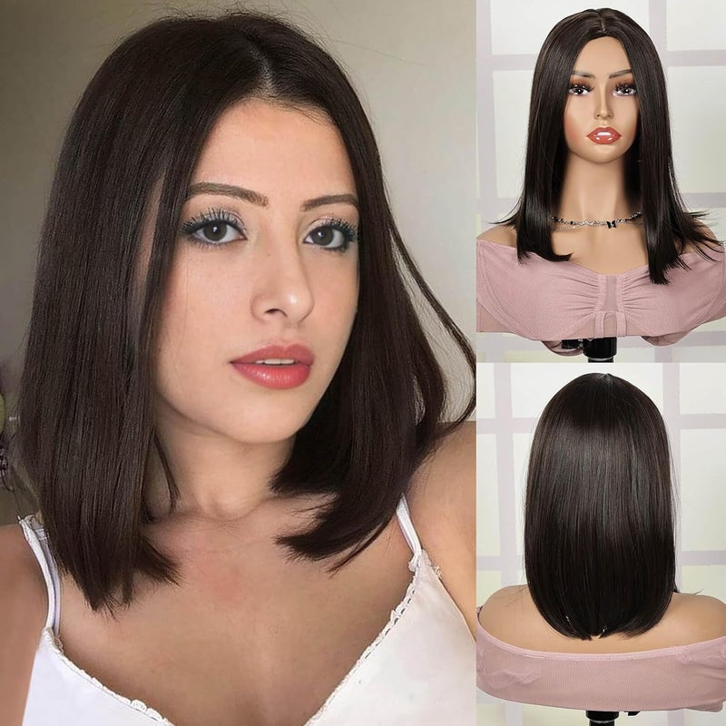 Creamily Bob Hair Wig for women Full head Natural Short Natural Looking Shoulder Length Hair Wig Korean style Dark Brown Hair Wig for women Full head Brown 14 Inch - Image 1