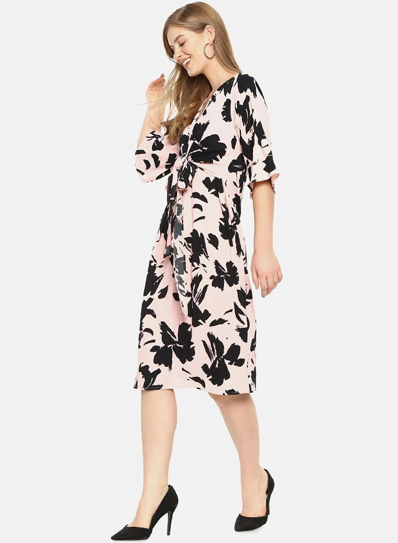 PINACOLADA Women's Baby Pink Abstract Print Dress For Casual Wear | Short Sleeve | Knee Length | Crepe Dress Crafted With Comfort Fit For Everyday Wear