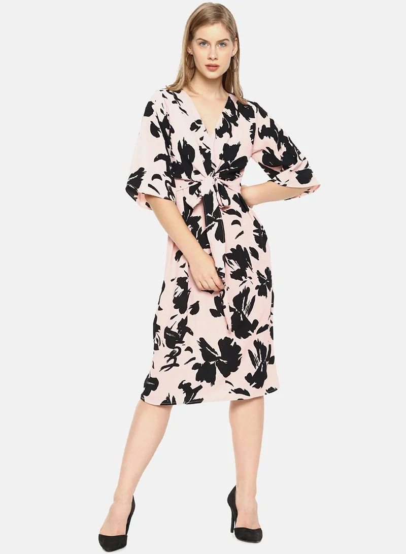 PINACOLADA Women's Baby Pink Abstract Print Dress For Casual Wear | Short Sleeve | Knee Length | Crepe Dress Crafted With Comfort Fit For Everyday Wear