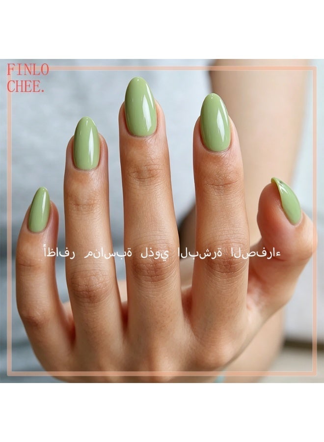 finlochee. أظافر لاصقة لامعة بلون أخضر زيتوني فاتح صلب، شكل لوزي قصير وكاملة الغطاء، أظافر وهمية قابلة لإعادة الاستخدام ومقاومة للماء مع ملصقات لاصقة جيلية، أظافر لاصقة طويلة الأمد خالية من الضرر مصنوعة من مادة ABS الصديقة للبيئة، للارتداء اليومي، المكتب، عيد الفطر، العطلات والصالونات للنساء، 30 قطعة - Image 3