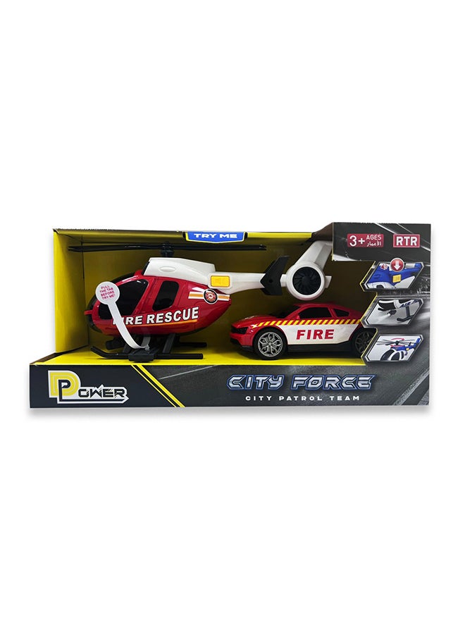 D-Power - Helicopter & Sports Car 1:14 Scale Firemen Playset – Red | Elevate the excitement with this 1:14 scale Firemen Playset |  Requires Batteries: 3x LR44 batteries included | Ideal gifts ages 3+ - Image 1