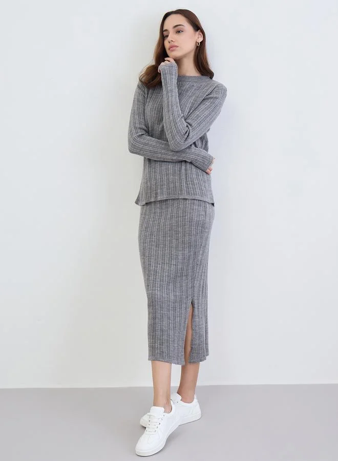 ستايلي طقم سويتر محبوك مضلع رمادي مع تنورة