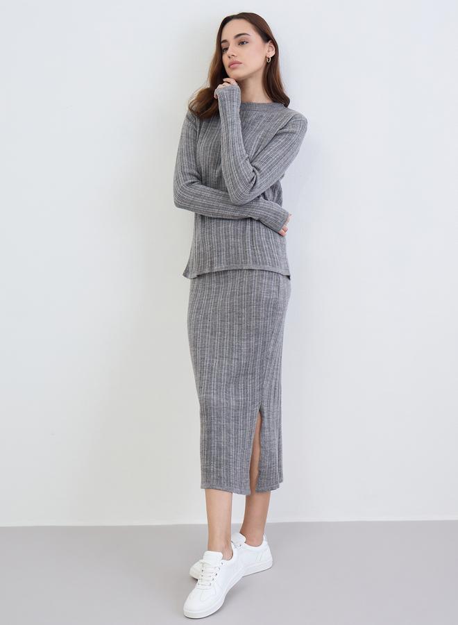 ستايلي طقم سويتر محبوك مضلع رمادي مع تنورة - Image 2