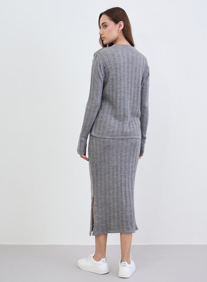 ستايلي طقم سويتر محبوك مضلع رمادي مع تنورة - Image 5