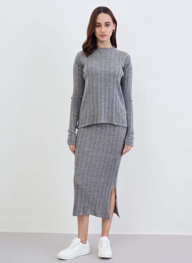 ستايلي طقم سويتر محبوك مضلع رمادي مع تنورة - Image 3