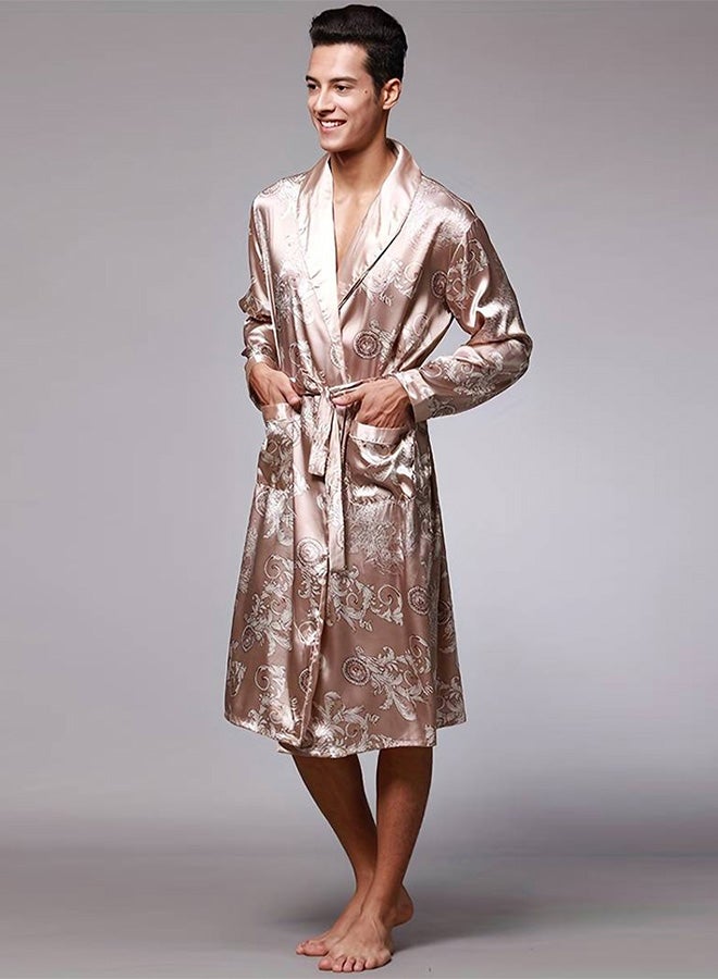 MARGOUN Bathrobe Men's Large Bath Robe Dressing Gown Comfortable Sleepwear Silk Lovers Long Special Style Sleeves Nightgown Dressing Gown Dragon Pattern Beige - Image 1