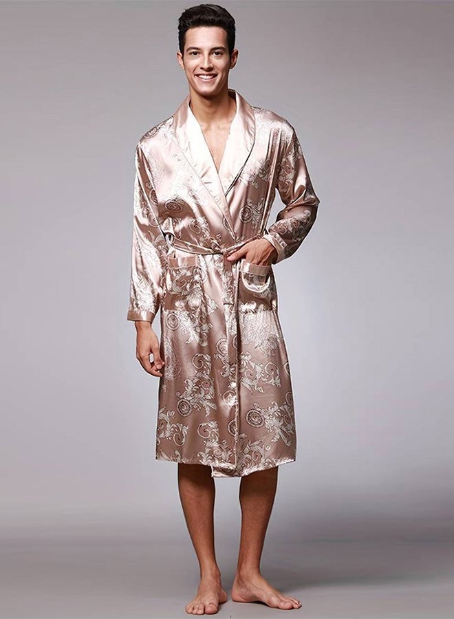 MARGOUN Bathrobe Men's Large Bath Robe Dressing Gown Comfortable Sleepwear Silk Lovers Long Special Style Sleeves Nightgown Dressing Gown Dragon Pattern Beige - Image 4