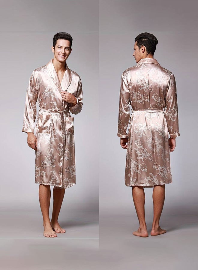 MARGOUN Bathrobe Men's Large Bath Robe Dressing Gown Comfortable Sleepwear Silk Lovers Long Special Style Sleeves Nightgown Dressing Gown Dragon Pattern Beige - Image 2