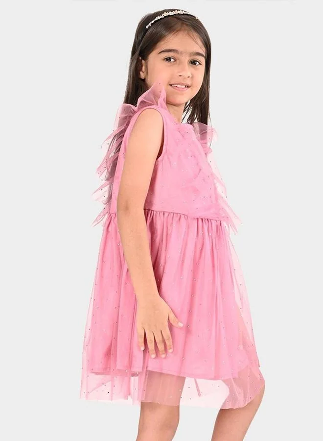 Bonkids Girl's Pink 100% Cotton Printed Regular Fit Dress