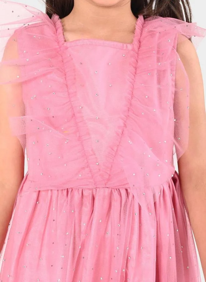 Bonkids Girl's Pink 100% Cotton Printed Regular Fit Dress