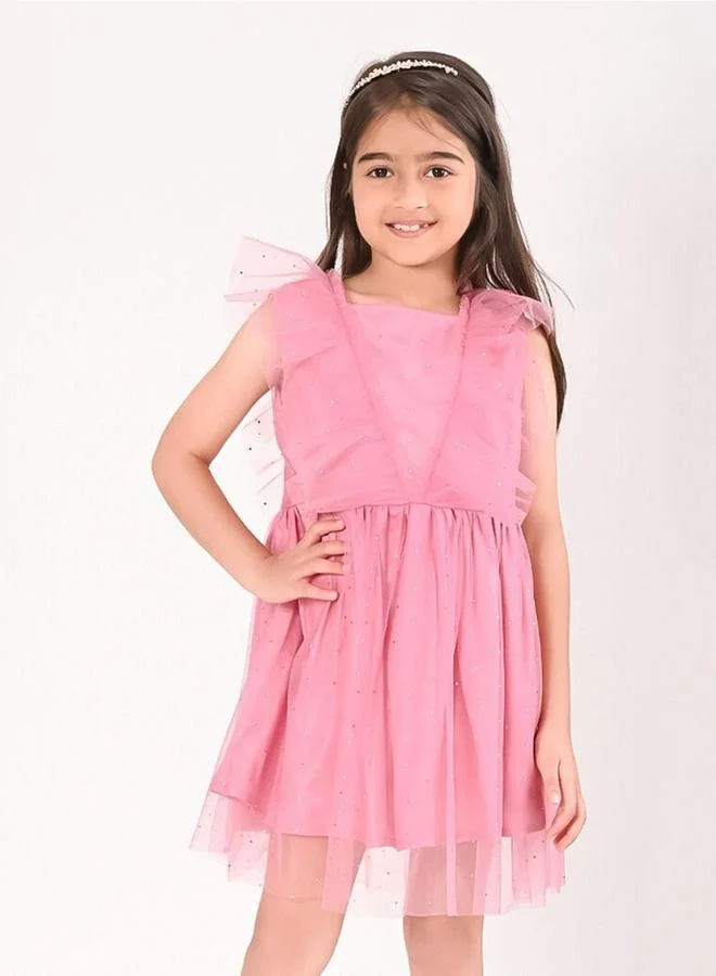 Bonkids Girl's Pink 100% Cotton Printed Regular Fit Dress