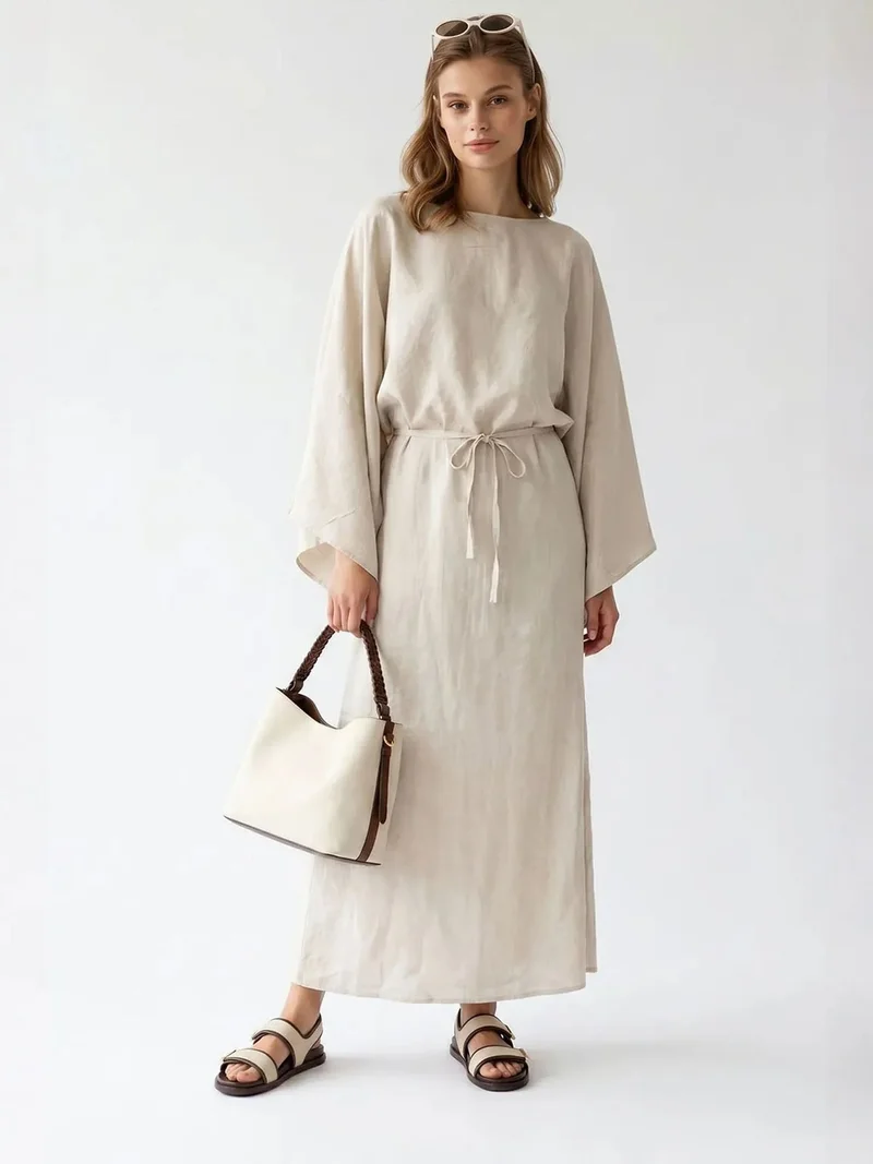 Mixray Beige Natural MIXRAY Women's Solid Textured Maxi Dress With Tie Detail for Women | Best Price UAE