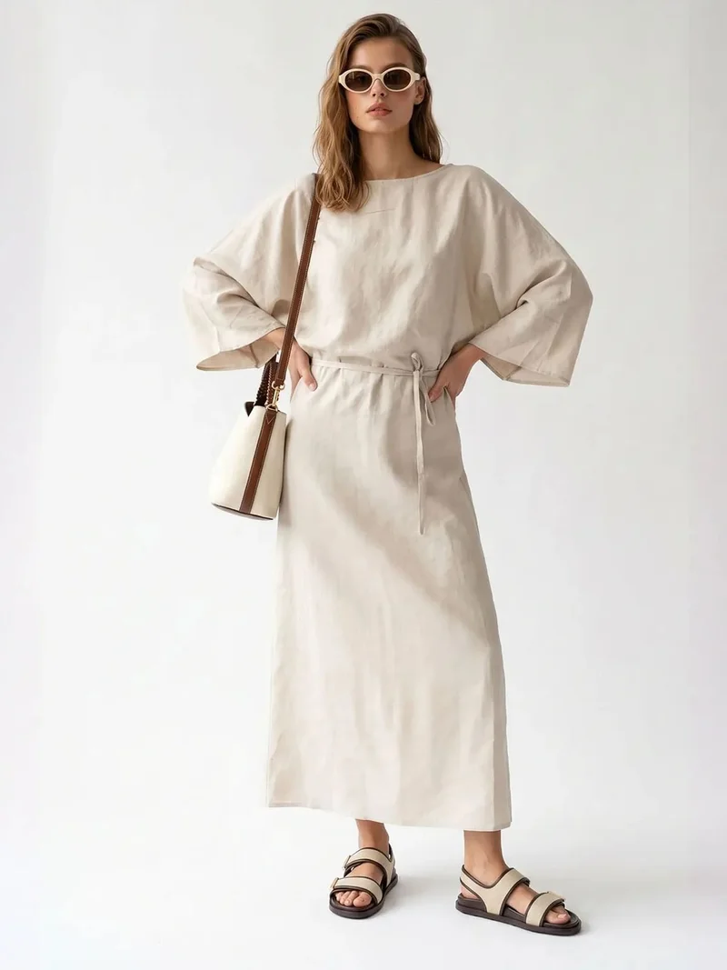 Mixray Beige Natural MIXRAY Women's Solid Textured Maxi Dress With Tie Detail for Women | Best Price UAE