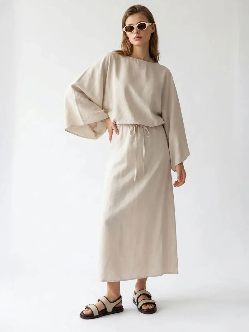 ميكسراي MIXRAY Women's Solid Textured Maxi Dress With Tie Detail