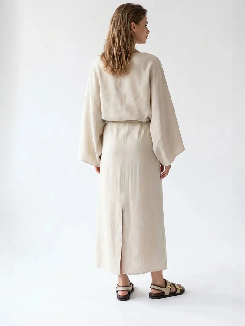 Mixray Beige Natural MIXRAY Women's Solid Textured Maxi Dress With Tie Detail for Women | Best Price UAE