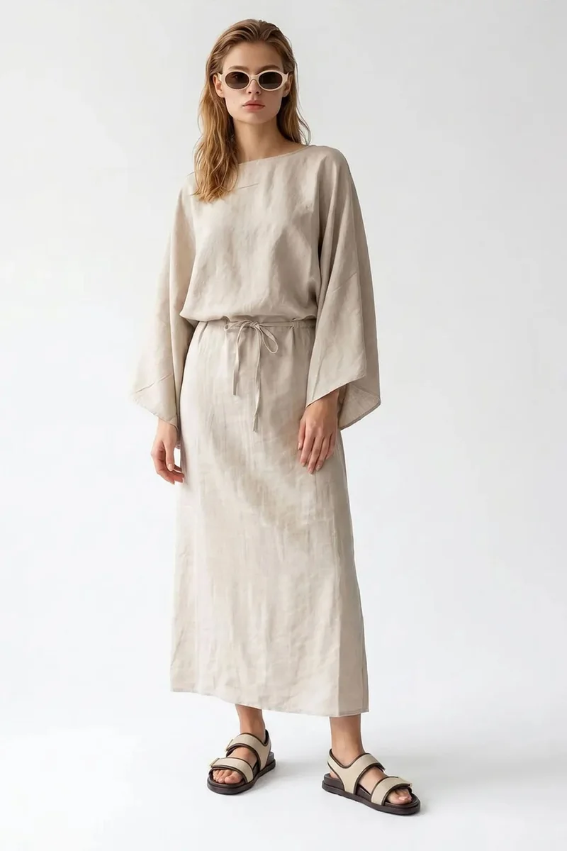 ميكسراي MIXRAY Women's Solid Textured Maxi Dress With Tie Detail