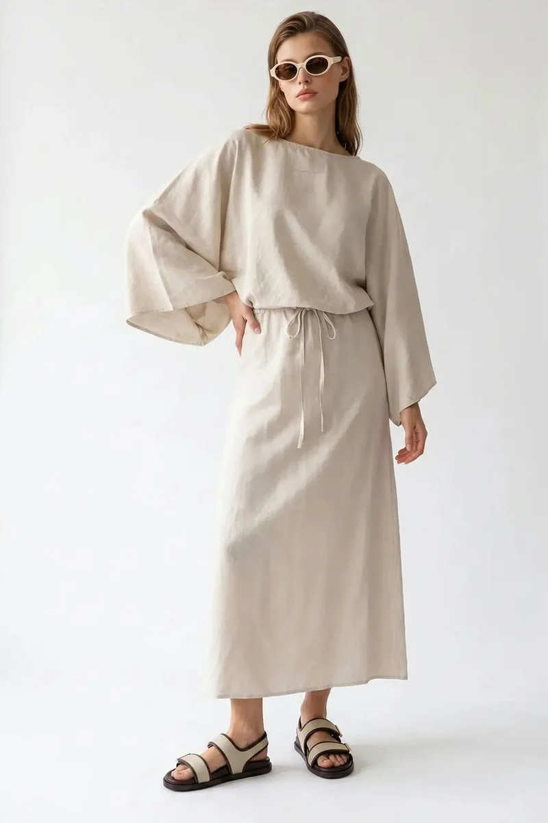 ميكسراي MIXRAY Women's Solid Textured Maxi Dress With Tie Detail