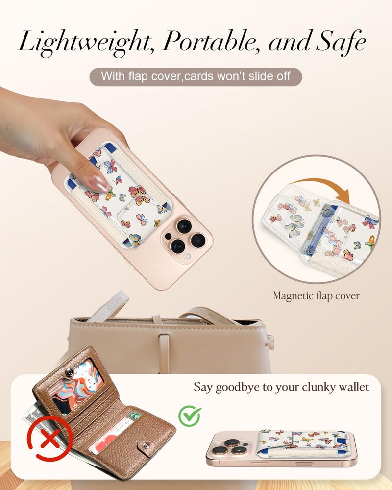 Shorogyt Compatible With Magsafe Wallet For Women - Phone Wallets For Magnetic Card Holder Mag Rfid Blue Butterfly For Iphone 16/15/14/13/12 Series Cute With Elastic And Flap Cover  Fit 7 Cards - Image 2