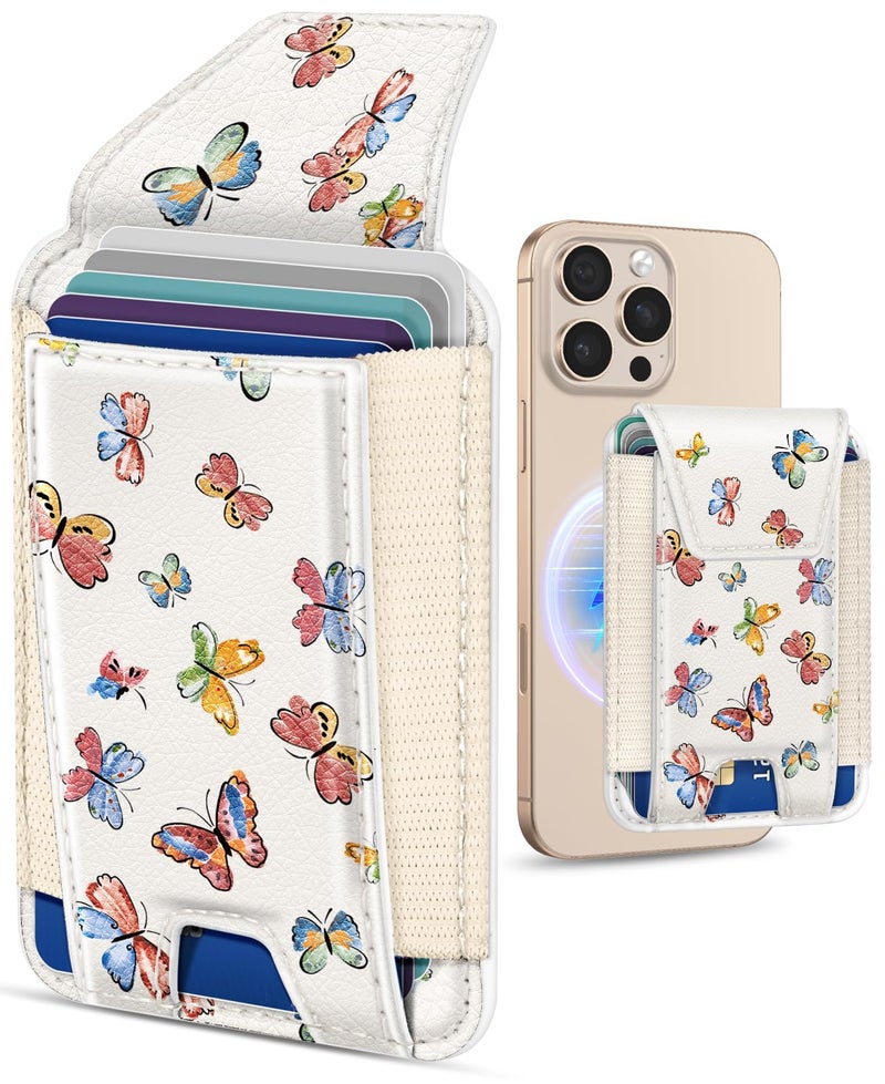 Shorogyt Compatible With Magsafe Wallet For Women - Phone Wallets For Magnetic Card Holder Mag Rfid Blue Butterfly For Iphone 16/15/14/13/12 Series Cute With Elastic And Flap Cover  Fit 7 Cards - Image 1