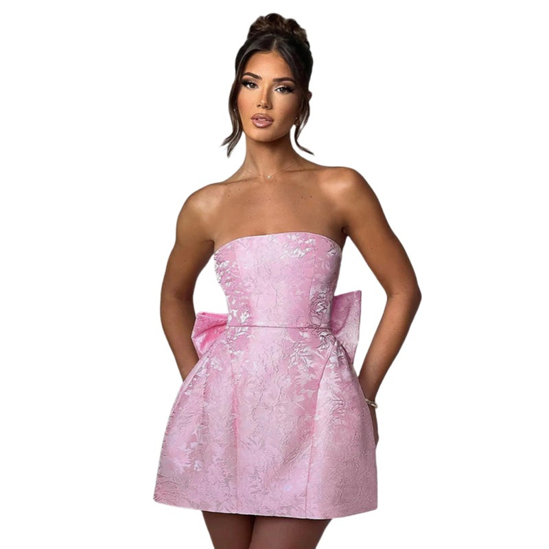 ZGMYC Jacquard Satin Homecoming Dress with Bow Elegant Strapless Mini Dress A Line Short Prom Dresses Party Gown Pink - Image 4