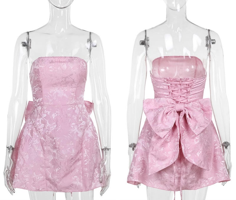 ZGMYC Jacquard Satin Homecoming Dress with Bow Elegant Strapless Mini Dress A Line Short Prom Dresses Party Gown Pink - Image 5