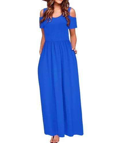 STYLEWORD Womens 2025 Royal Blue Cold Shoulder Short Sleeve Summer Casual Maxi Long Dress with Pocket(Royal Blue,L) - Image 1