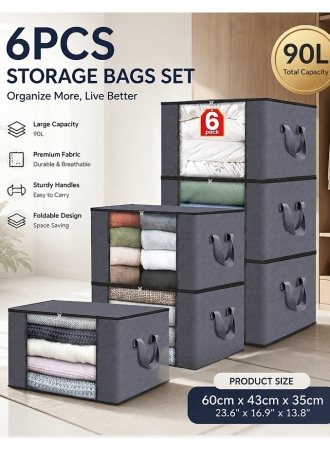 Ayshal 6 Pack Clothes Storage, Foldable Blanket Storage Bags, Storage Containers For Organizing Bedroom, Closet, Clothing, Comforter, Organization And Storage With Lids And Handle(Grey) - Image 1