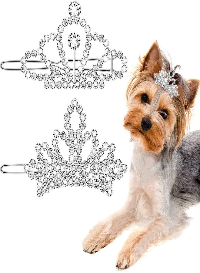 MTLEE 2 Pieces Dog Tiara Crown Hair Clips Clear Crystal Rhinestone Hair Barrettes Pet Crown Clips Puppies Barrette for Pet Dogs Grooming Costume Accessories(Silver) - Image 1