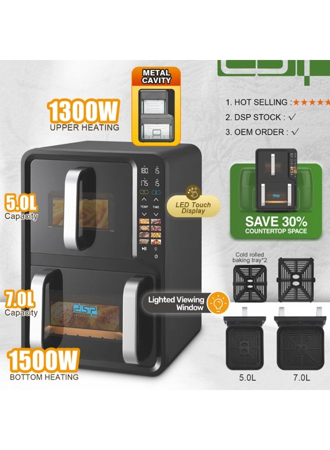 DSB DSP Dual Basket Air Fryer 12L (5L + 7L) – 2800W – Smart LED Touch Control – Oil-Free Cooking – 8 Preset Programs – Double Cooking Without Flavor Mixing - Image 5